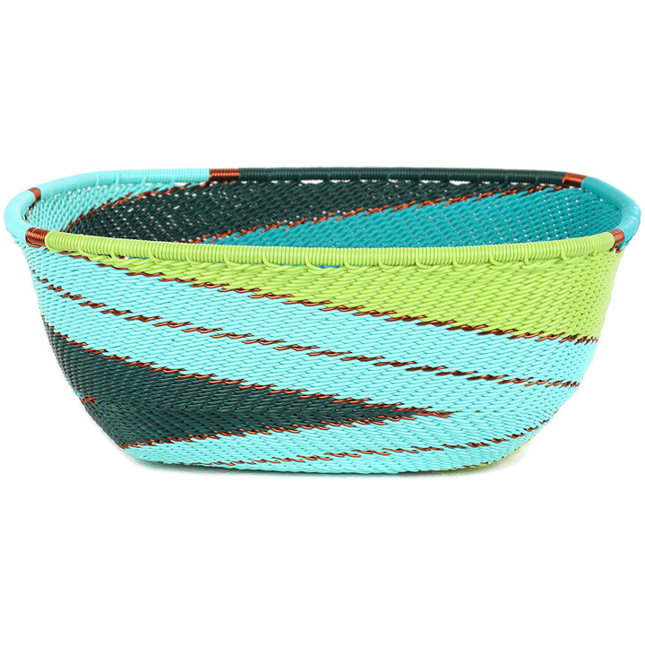 Handwoven Zulu Wire Square Bowl in Teal from South Africa in a variety of colorful and neutral artisan patterns.