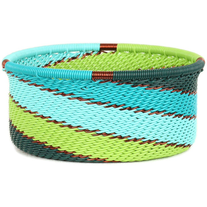Handwoven Zulu Wire Tuna Cup Baskets in Teal from South Africa in a variety of colorful and neutral artisan patterns.
