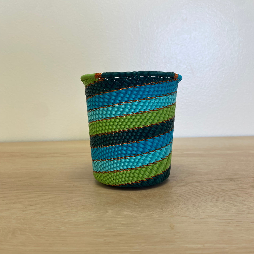 Teal Zulu Wire wide base cup handwoven in South Africa in teal, turquoise, aqua, and green.