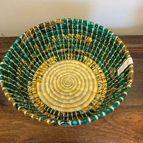 Green trimmed fair trade bread basket, view from the top.