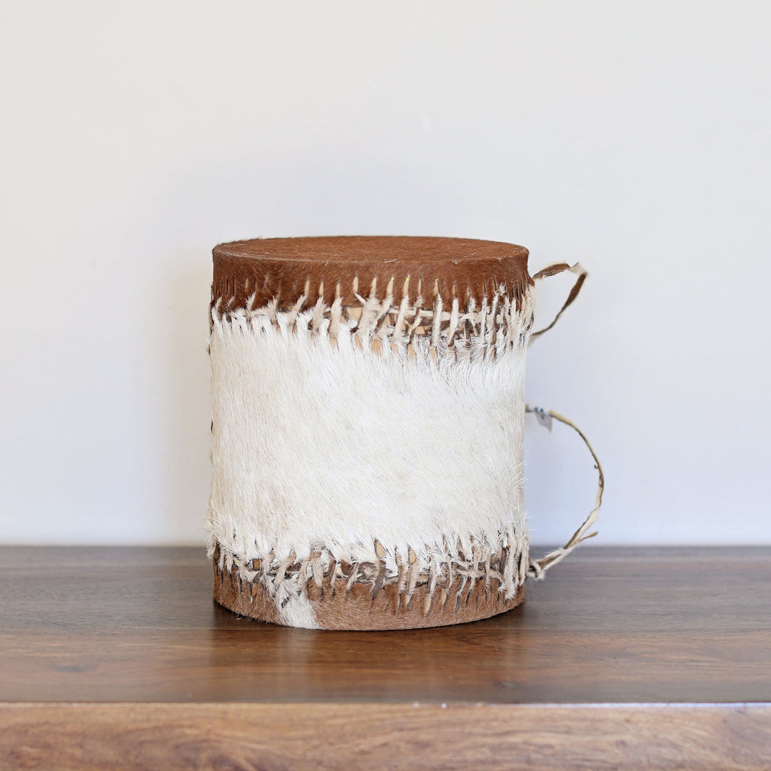 Traditional Kenyan double sided drum with hand carved wood body.