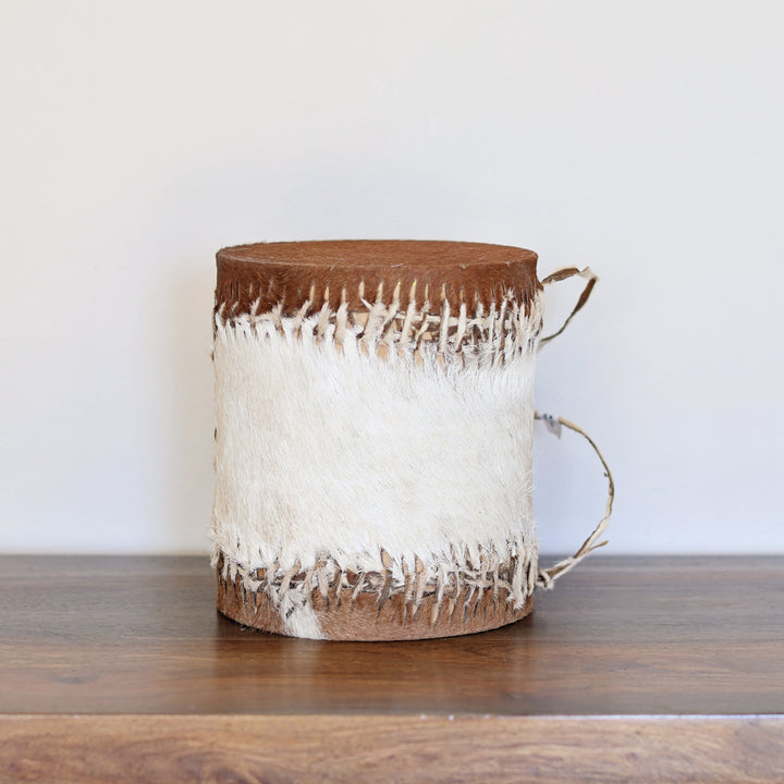 Traditional Kenyan double sided drum with hand carved wood body.