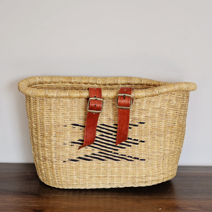Woven fair trade bike basket handcrafted in Ghana for cycling, farmers markets, and everyday errands