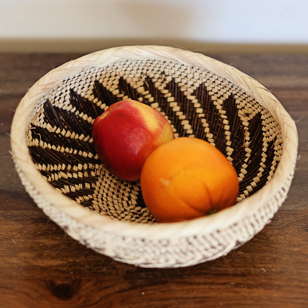 Zambia Tonga basket with double wall weaving and dark geometric interior pattern.