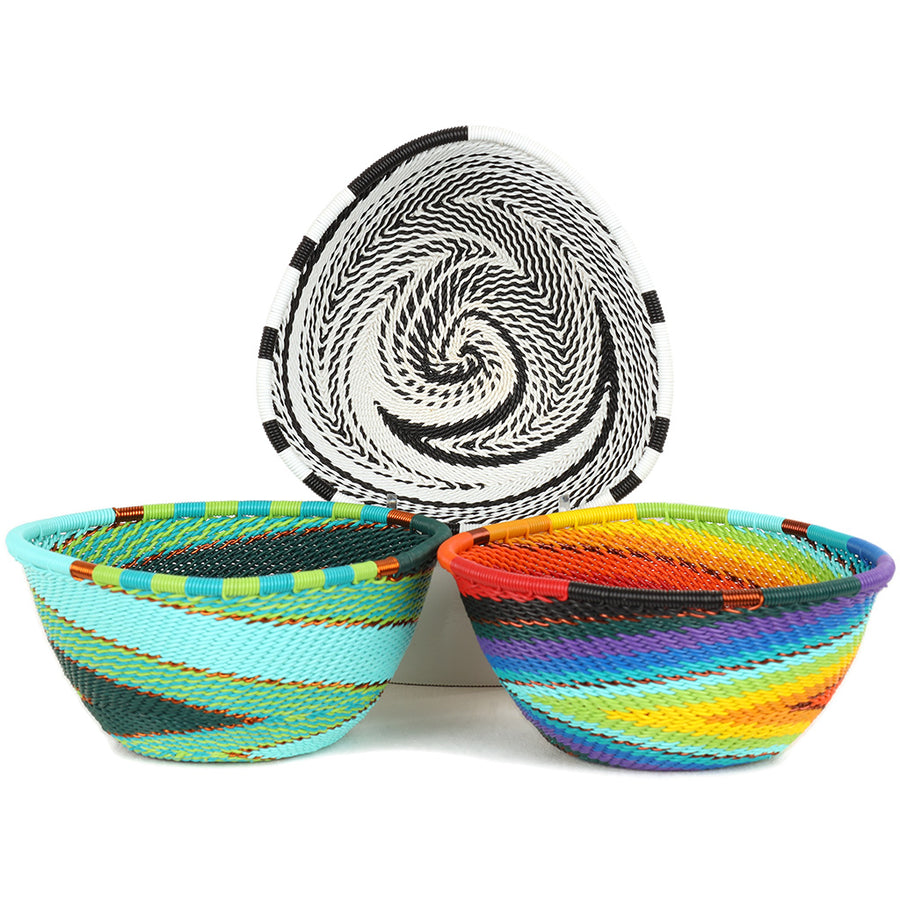 Handwoven Zulu Wire Small Triangle Bowls from South Africa in a variety of colorful and intricate artisan patterns.