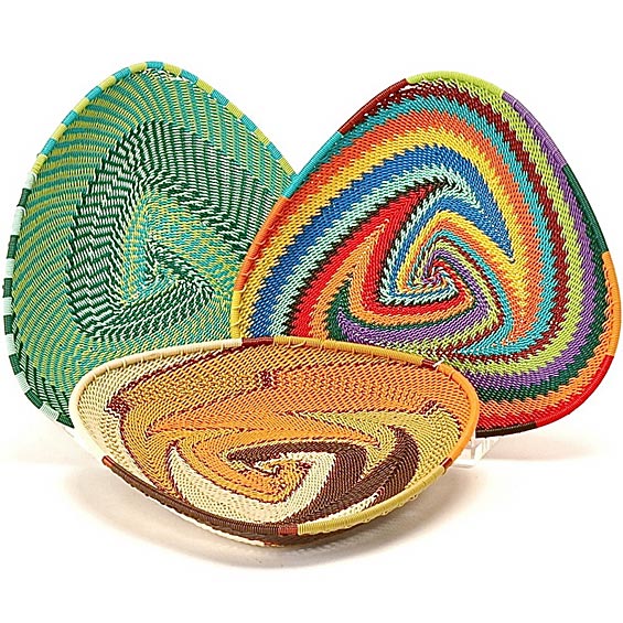 Handwoven Zulu Wire Triangle Tray from South Africa featuring colorful, intricate artisan weaving.