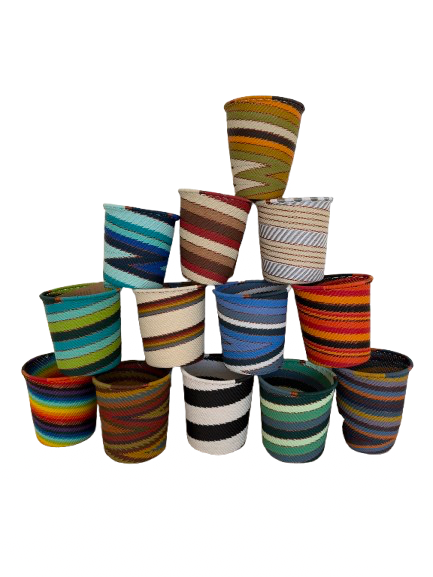 Assorted Zulu Wire Wide Base Cups handwoven in South Africa in colorful, earthy, and neutral artisan patterns.